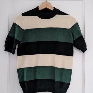 Who What Wear Short Sleeve Sweater | Size XS | Green, Cream, Black Striped